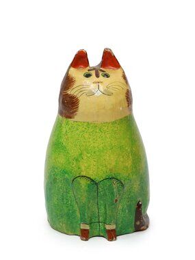 Vintage Hand-Painted Paper Mache Style Cat Figurine - Folk Art - Green
